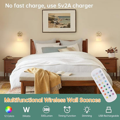 Vintage Battery Operated Wall Sconce, 5000mAh Wireless Rechargeable Wall Light, Indoor Battery Powered Wall Lamp for Bedside Bedroom Living Room, Tulip White