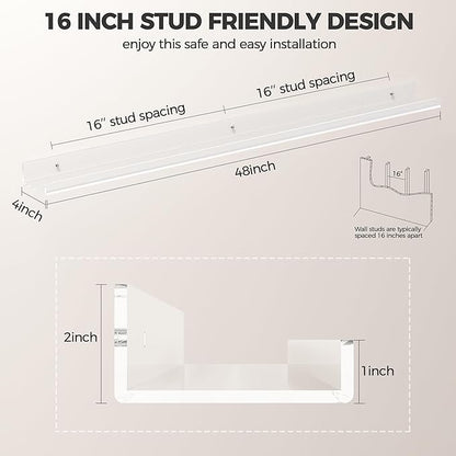 HBlife 48 Inches Invisible Wall Floating Bookshelf for Kids and Nursery, Clear Acrylic Shelves for Figures, 16 Inch Stud Spacing Long Large Picture Ledge Shelf for Photo Frames, 4 Pack (5MM Thick)