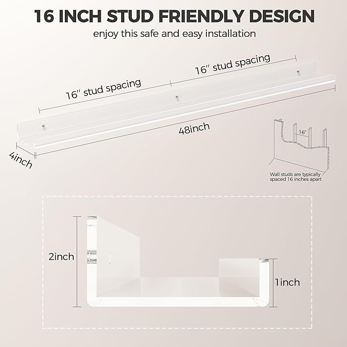 HBlife 48 Inches Invisible Wall Floating Bookshelf for Kids and Nursery, Clear Acrylic Shelves for Figures, 16 Inch Stud Spacing Long Large Picture Ledge Shelf for Photo Frames, 2 Pack (5MM Thick)