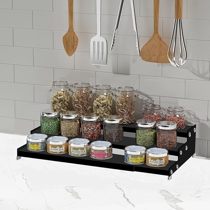 Spice Rack Organizer for Cabinet, 3 Tier Expandable Spices Storage, Great for Kitchen Cabinets, Cupboard,Pantry and Countertop More 1 Pack/Black