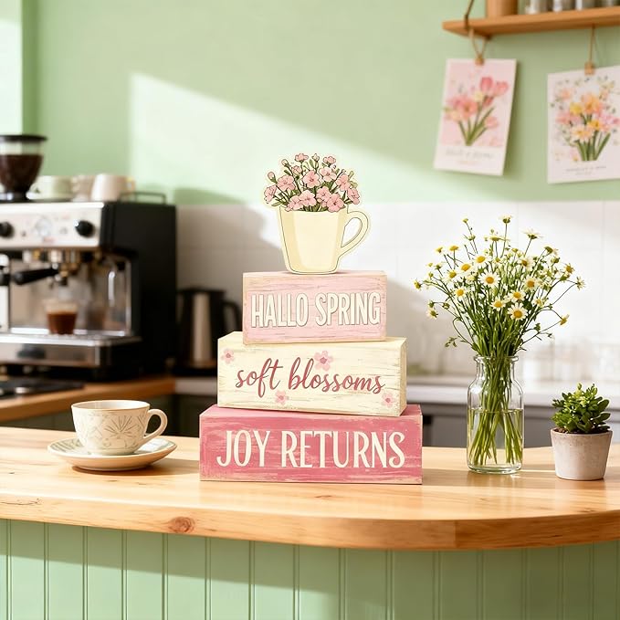 Spring Decoration Wooden Tiered Tray Decor – Rustic Hallo Spring Stacked Block Sign with Flower Cup Topper – Farmhouse Tabletop Spring Decor for Living Room Shelf Kitchen Coffee Bar Seasonal Home Display