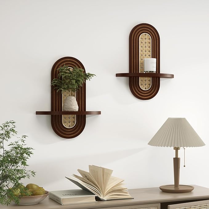 Wooden Arched Floating Shelf - Boho Decor Wall-Mouted Shelves Book Display Rattan Shelf for Bedroom Living Room Bathroom Nursery Home Office 14.5" x 11.6"