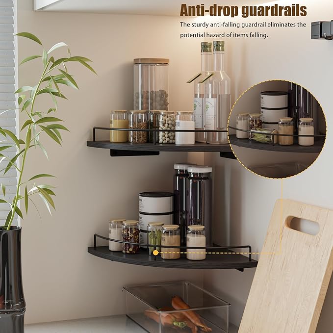 Corner Shelf Wall Mount, Floating Corner Shelves, Set of 4 Corner Wall Shelf Organizer,Rustic Wood Wall Storage Display Shelves forLiving Room Bedroom Bathroom Kitchen,Black