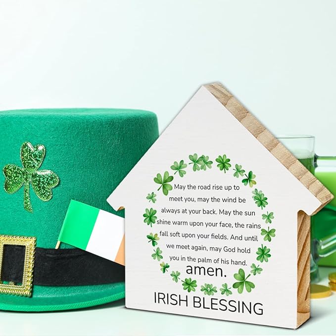 Irish Blessing Decor, St. Patrick's Day Decorations, Irish Gifts, Shamrock House Shaped Wood Block Sign, Home Decor for Desk Table Shelf, St Patricks Day Decorations