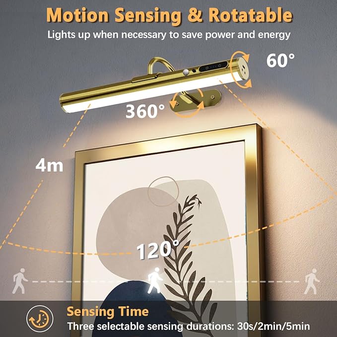 Motion Sensor Wireless Rechargeable Picture Light, Battery Operated Magnetic Art Wall Sconce with Remote Control, LED Picture Frame Lamp for Portrait Poster Painting Mirror Gallery (Antique Brass)