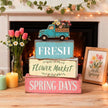 Spring Decoration Wooden Tiered Tray Decor Set – Farmhouse Spring Block Sign with Vintage Flower Truck, Fresh Flower Market Text – Rustic Tabletop Centerpiece for Living Room, Kitchen, Entryway, Shelf Display, Spring Home Decor