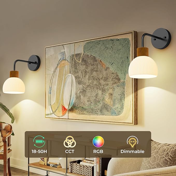 Glass Battery Operated Wall Sconces Set of 2, Rechargeable Wall Lamp with Remote, 12 Colors Dimmable Wireless Sconces Wall Decor Set of 2 with Timer for Bedroom Living Room (Black, 2 Pack)