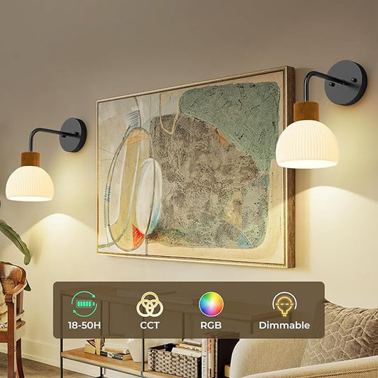Glass Battery Operated Wall Sconces Set of 2, Rechargeable Wall Lamp with Remote, 12 Colors Dimmable Wireless Sconces Wall Decor Set of 2 with Timer for Bedroom Living Room (Black, 2 Pack)