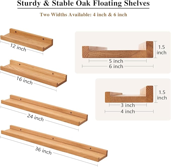 Oak Floating Shelves 12 Inch Wall Shelves for Decor and Storage, 4 Inch Deep Natural Solid Wood Shelf, Picture Ledge Shelf for Bedroom Bathroom Living Room KitchenLaundry Room