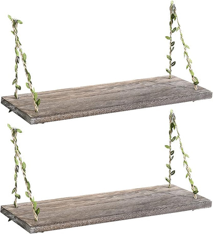 MITIME Leaf Rope Hanging Floating Shelves, Wall Swing Storage Shelf for Home Decor.17, 2-Pack (Retro Color)