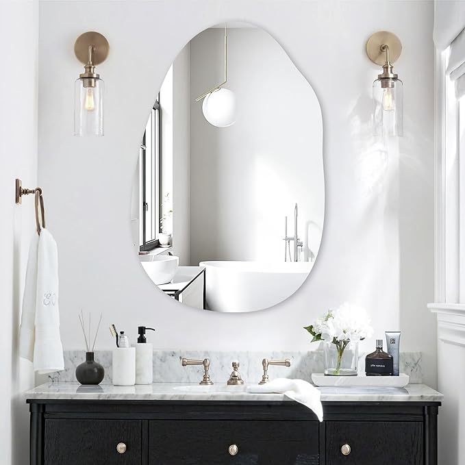 CULER Irregular Bathroom Wall Mirror,24 x 36 Inch Asymmetrical Frameless Vanity Modern Tempered Glass Mirror for Bedroom,Living Room,Entryway