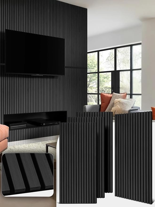 Mollywell Wood Panels for Wall, Time-Saving Installation, Versatile Wood Slat Wall Decor, Enhanced Acoustic & Sound Proof Fluted Design for Home & Office, 4 Pcs Black Oak, 47.2x23.6 Inch