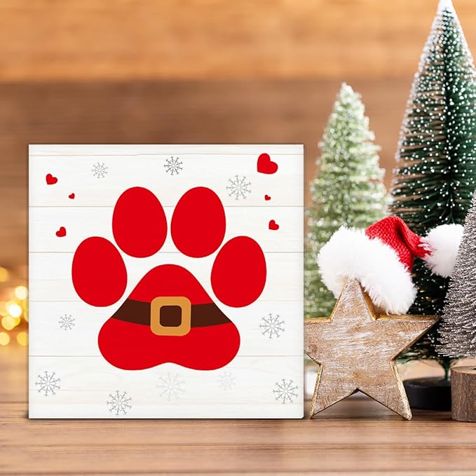 Farmhouse Christmas Decor, Christmas Decorations Indoor, Red Dog Paws Wooden Sign Rustic Home Shelf Desk Decor 5 x 5 Inches