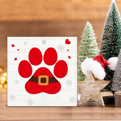 Farmhouse Christmas Decor, Christmas Decorations Indoor, Red Dog Paws Wooden Sign Rustic Home Shelf Desk Decor 5 x 5 Inches