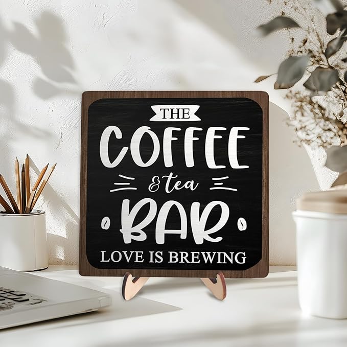 Coffee Bar Decor Sign, Rustic Wooden Plaque for Coffee Lovers, Farmhouse Shelf Accent, Gift for Espresso Fans, Kitchen or Café Desk Display, 5.9 x 5.9Inch(Black+Brown)