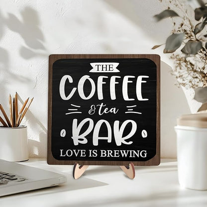 Coffee Bar Decor Sign, Rustic Wooden Plaque for Coffee Lovers, Farmhouse Shelf Accent, Gift for Espresso Fans, Kitchen or Café Desk Display, 5.9 x 5.9Inch(Black+Brown)