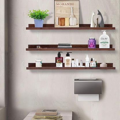 AZSKY Floating Shelves Deep Walnut for Wall Long Picture Ledge Shelf 48 Inch Beige Photo Ledge Shelves with Lip Wall Bookshelf for Kids Bedroom Living Room Bathroom Kitchen Wooden Spice Rack Set of 3
