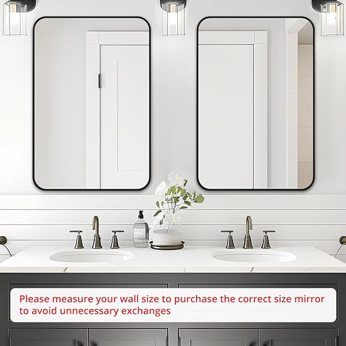 Fabuday Black Bathroom Mirror for Over Sink - 24x36 Wall Mirror with Matte Metal Frame, Big Rounded Rectangular Vanity Mirrors for Bedroom, Living Room, Entryway, Horizontally/Vertically