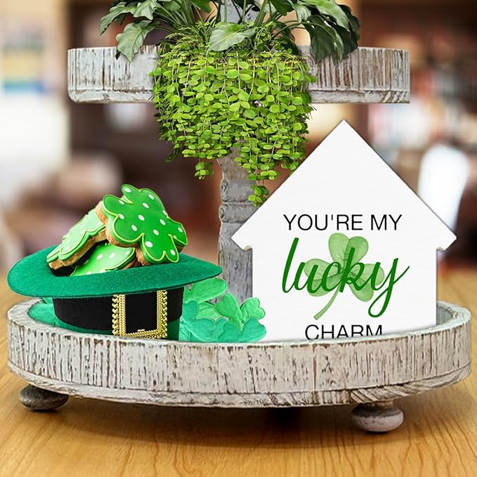 St. Patrick's Day Decor, Shamrock Decorations, Lucky Charm House Shaped Wood Block Sign, Home Decor for Desk Table Shelf, St Patricks Day Decorations