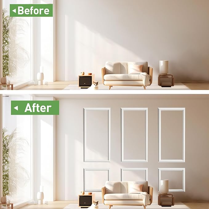 Peel and Stick Wall Molding, 6 Frame Pre-Cut Wainscoting Panels, Upgraded 1.37" Width, Ready-to-Assemble Molding Trim Decor for Living Room Bedroom Hallway Kitchen Island