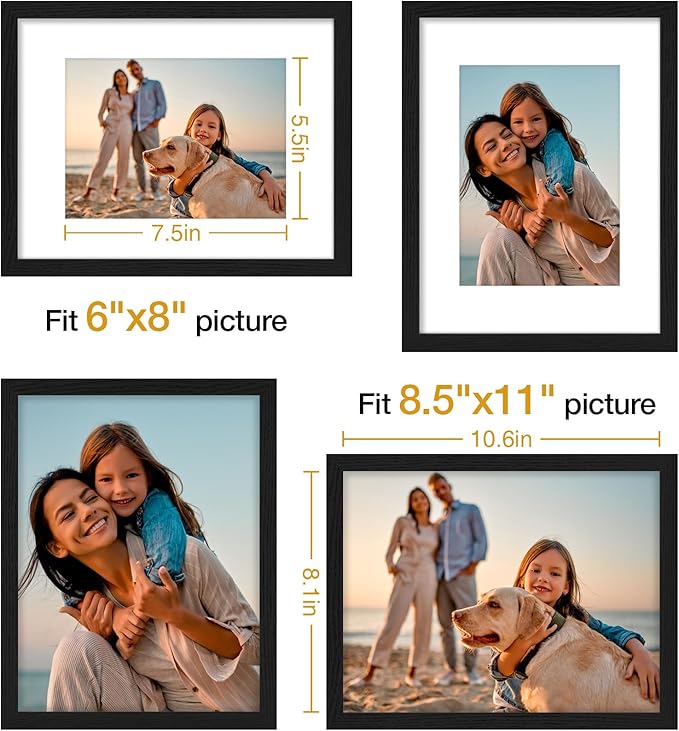 Vittanly 8.5x11 Picture Frames Set of 4, Display Pictures 6x8 with Mat or 8.5x11 without Mat, Gallery Wall Frame Set for Wall Mounting, Engineered Wood with Shatter Resistant Plexiglass, Black