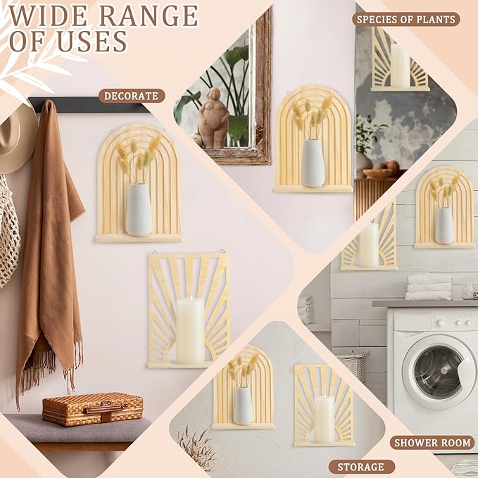 Tatuo 2 Pieces Boho Wall Shelf Decor Floating Shelves for Wall Wooden Hanging Holder for Living Room Bathroom Bedroom Office Nursery Decoration(Boho Sun)