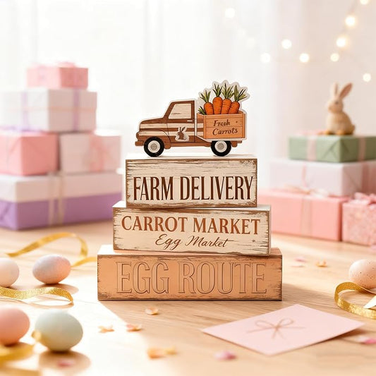 Easter Decorations - Farm Delivery Easter Truck Tiered Tray Decor - Wooden Farmhouse Easter Tabletop Sign with Carrots & Eggs - Rustic Spring Home Decor for Shelf Mantel Kitchen - Spring Home Decor for Living Room, Kitchen Counter
