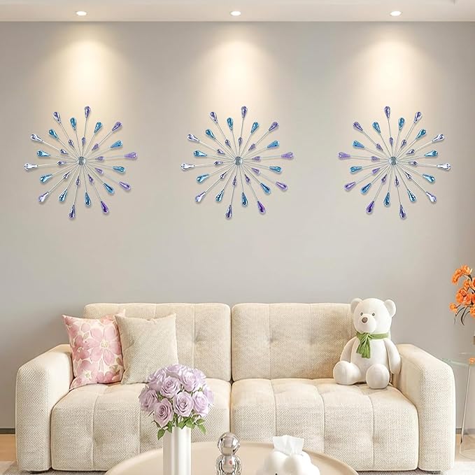 ZEXUIRU 3 Pack Silver Sunburst Wall Decor – Metal Crystal Wall Art with Sparkling Rhinestones, 14’’/18 Inch Starburst Wall Hanging Set for Living Room Bedroom Bathroom – Modern Bling Home Decorations