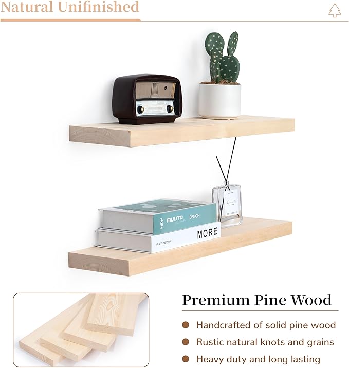 Marsmiles Natural Wood Floating Shelves | 24 Inch Unfinished Wood Wall Shelves Set of 2 | 24