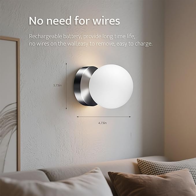 Battery Operated Wall Sconce Set of 2, Dimmable Wireless Brushed Nickel Wall Lamp with 14000mAh Rechargeable Battery, Portables Cordless Wall Light Fixtures for Painting Living Room Bedroom