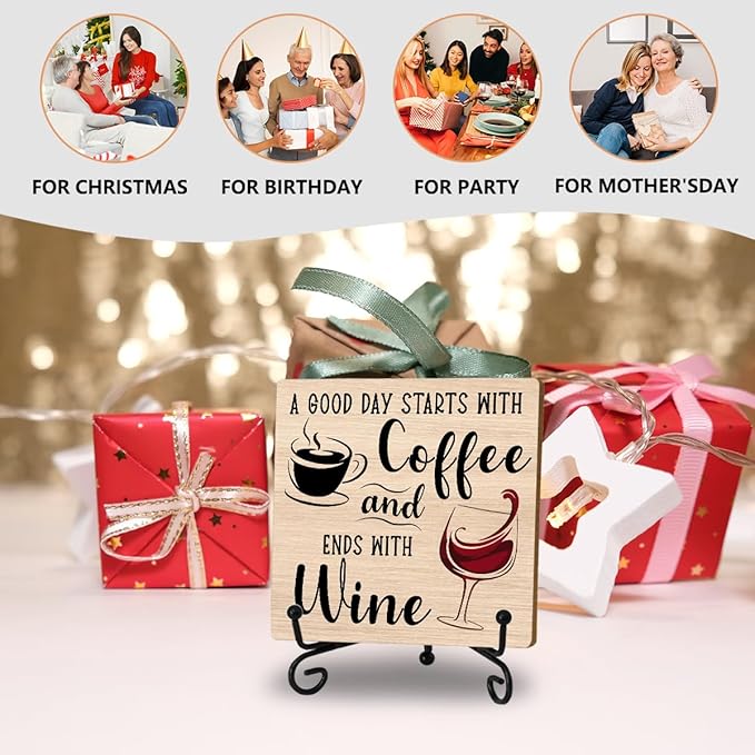 Coffee And Wine Desk Decor Sign, Rustic Wooden Sign With Stand, A Good Day Starts With Coffee And Ends With Wine Sign For Farmhouse Home Kitchen Bar Shelf Table, Gifts For Family Friends Coworker