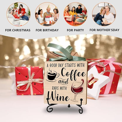 Coffee And Wine Desk Decor Sign, Rustic Wooden Sign With Stand, A Good Day Starts With Coffee And Ends With Wine Sign For Farmhouse Home Kitchen Bar Shelf Table, Gifts For Family Friends Coworker