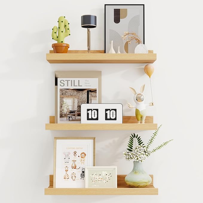 Axeman Picture Ledge Shelf | 16 Inch Oak Floating Shelves Set of 3 | Rustic Wood Wall Shelves with Lip | 16