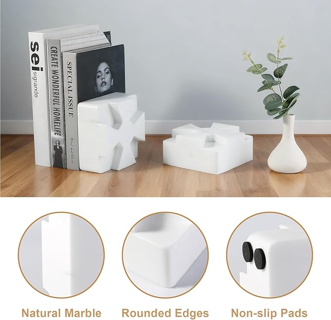 Decorative Square Marble Bookends for Heavy Books – Unique Book Ends for Shelves – Modern Aesthetic Book Holder/Stopper with Non-Slip Pads for Chic Home, Office, or Library Decor, White