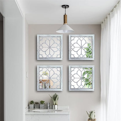 Wocred Set of 4 Mirrors Square Wall Mirror,Gorgeous Rustic Farmhouse Accent Mirror,Rustic White Color Entry Mirror for Bathroom Renovation,Bedrooms,Living Rooms and More(12”x12”4pcs)