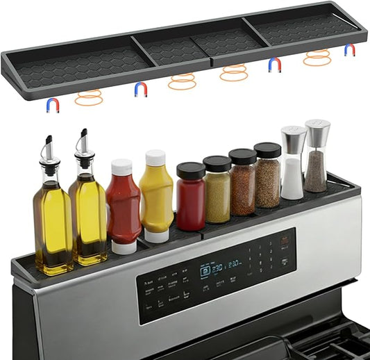 BFONS 30 Inch Silicone Magnetic Stove Top Shelf, Kitchen Shelf Over Stove Spice Rack Apartment Must Haves Kitchen Gadgets for Above Stovetop Seasoning Organization and Storage Thickened Black