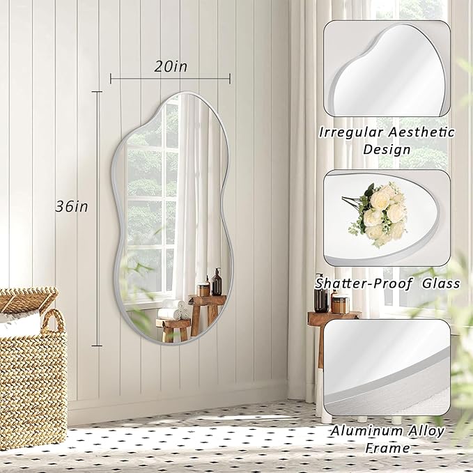 JJUUYOU Bathroom Wall Mirrors Irregular Mirrors for Wall Large Brushed Metal Frame 20