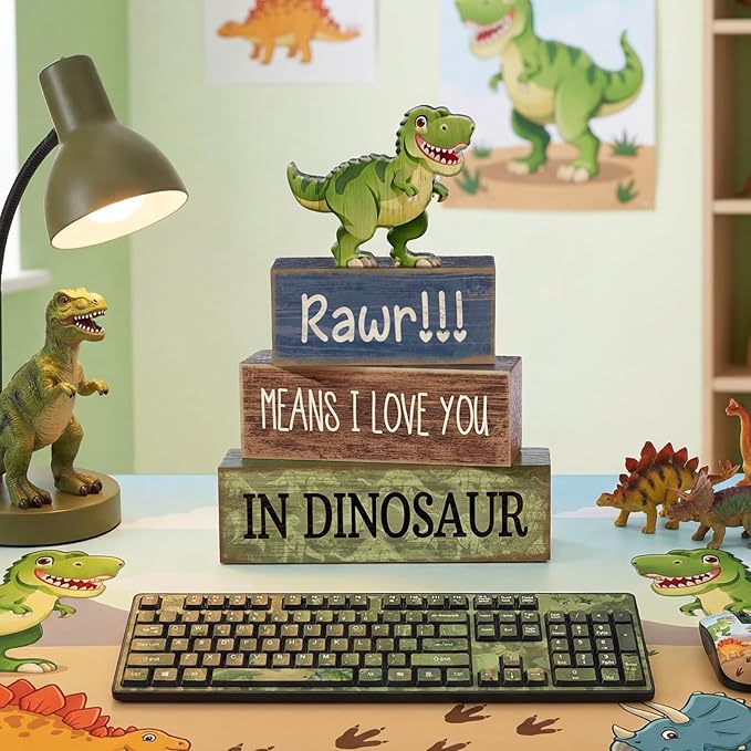 4 Pcs Dinosaur Table Decorations Wooden Dinosaur Decor Dino Safari Party Centerpieces for Table Jungle Animal Theme Baby Shower Tabletop Stand for Boys Girls Birthday Party Decorations