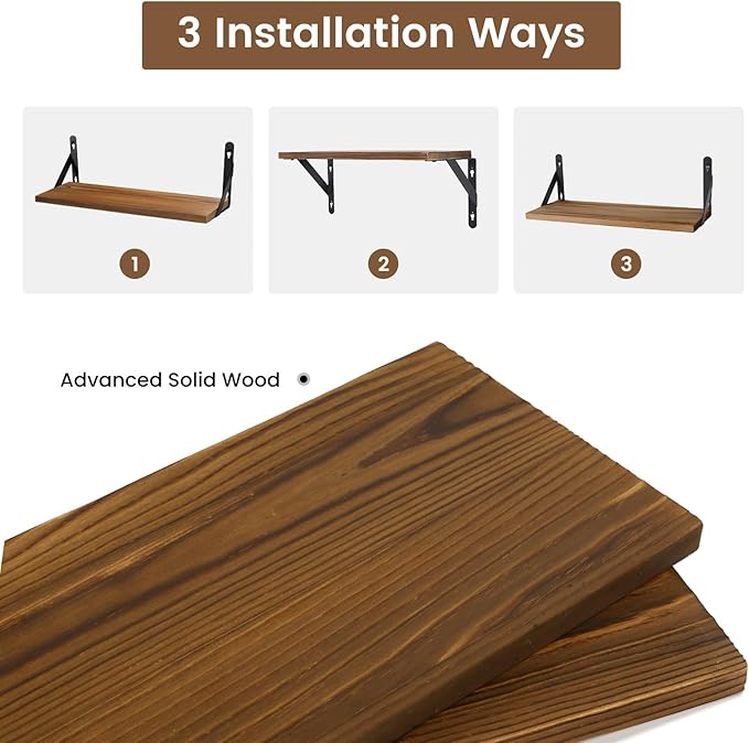 AGM Floating Shelves, 16.7 Inch Bathroom Shelf Set of 2, Rustic Wood Wall Mounted Shelf for Storage&Room Decor, Floating Shelf for Plants, Bedroom, Kitchen, Office, Living Room(Dark Brown)