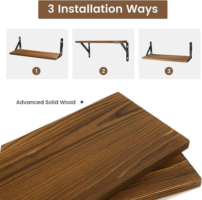 AGM Floating Shelves, 16.7 Inch Bathroom Shelf Set of 2, Rustic Wood Wall Mounted Shelf for Storage&Room Decor, Floating Shelf for Plants, Bedroom, Kitchen, Office, Living Room(Dark Brown)