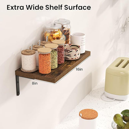 Marsmiles Extra Wide Floating Shelves for Wall, 16x8 Inch Natural Wood Grain Bookshelves, Heavy Duty Mounted Shelving for Bathroom, Kitchen, Living Room, Bedroom,Set of 8，Rustic Brown