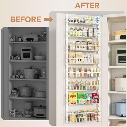 MIAOLI Over the Door Pantry Organizer, 8-Tier Adjustable Spice Rack Cabinet Door Shelves, Hanging Seasoning Organizer for Kitchen Bathroom, Laundry Room Organization, White