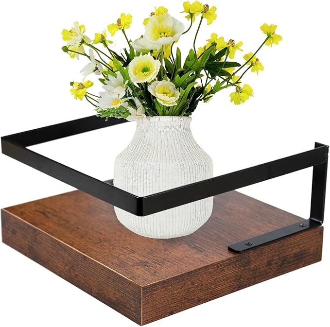 ARTORA Wall Mounted Plant Holder, Wooden Floating Shelf with Invisible Bracket Wall Mount Wood Rack Small Decorative Display Shelves with Gaurdrail for Bedroom Living Room Bathroom (Brown, 1 Pack)