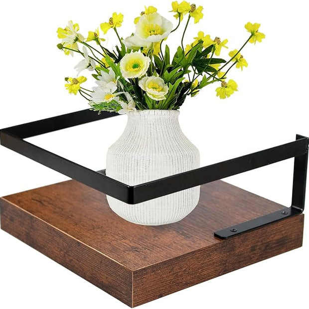 ARTORA Wall Mounted Plant Holder, Wooden Floating Shelf with Invisible Bracket Wall Mount Wood Rack Small Decorative Display Shelves with Gaurdrail for Bedroom Living Room Bathroom (Brown, 1 Pack)