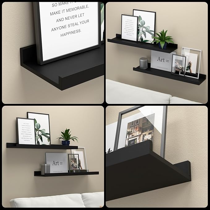 Long Floating Shelves, 2 Set Modern Black Wall Shelf for Bedroom, Nursery Book Shelf with Lip, Picture Ledge Shelf for Living Room Bathroom Kitchen - Black,23.6 In