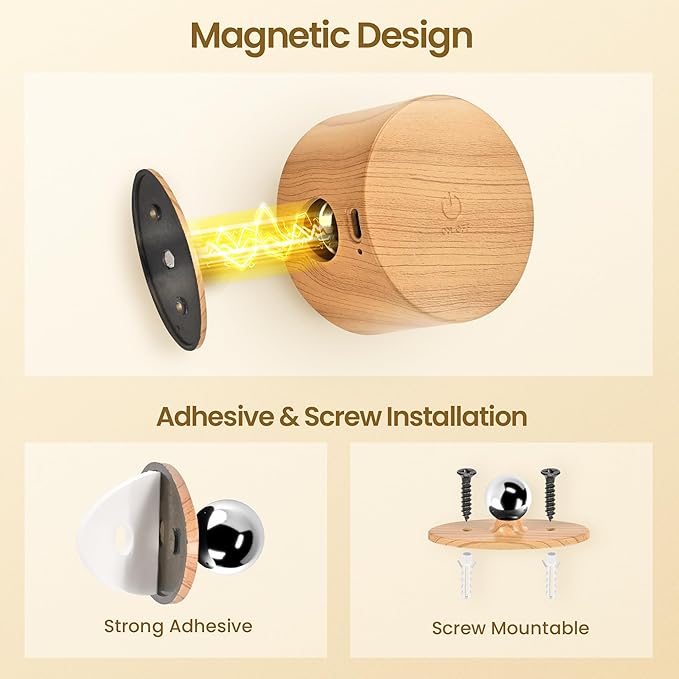 Wall Mounted Lamp LED Wall Lights with Rechargeable Battery Operated, 3 Color Temperatures & 3 Brightness Levels 360°Rotate Magnetic Ball, Cordless Sconces for Bedroom Reading Bedside,Wood-2 Pack