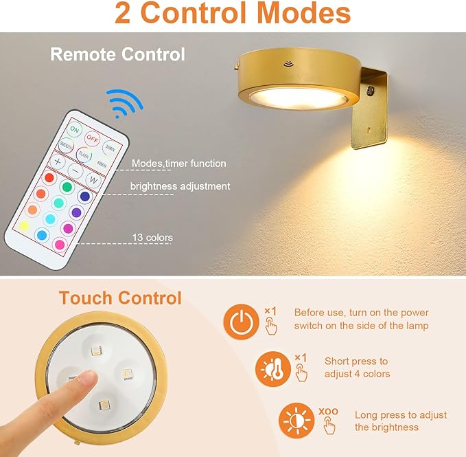 3Pcs Rechargeable Picture Lights,13 RGB Color Magnetic Led Wireless Art Display Light Battery Operated Wall Lights for Pictures with Remote Dimmable and Timer, for Picture Frame Paintings-RGB Gold