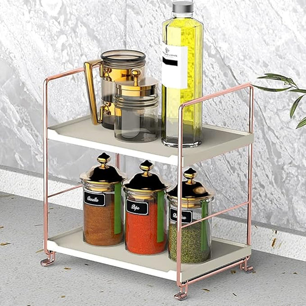 Plastic/Metal Freestanding Stackable Organizer Shelf,Bathroom Countertop Storage Shelf Cosmetic Organizer Holder Kitchen Spice Rack,2-Tier Standing Rack (Rose Gold)