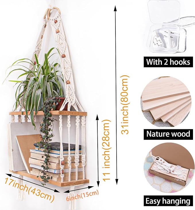 Boho Wall Hanging Shelves Macrame Floating Plant Photos Wood Shelf for Bedroom Living Room Apartment Decor