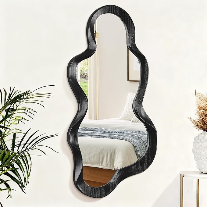 Asymmetrical Mirror Irregular Wall Mirror Modern Wood Frame Unique Mirrors Cute and Stylish Cloud Wavy Mirrors Decorative for Cloakroom Bedroom Living Room Bathroom Entryway 30"x14"